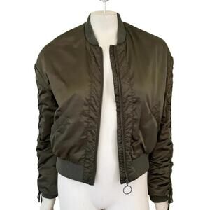 COTTON ON Cinched Sleeve Full Zip Cropped Bomber Jacket in Olive Green SZ 6